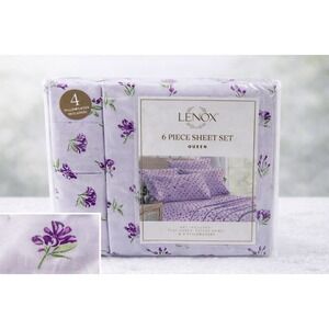 LENOX 6 Piece Queen Sheet Set Lilac Purple Floral 4‎ Pillowcases Included Luxe